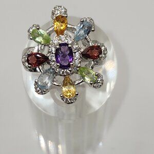 .925 Sterling Silver Floral Amethyst/Peridot/Garnet/Citrine Ring Sz 6 Value $615